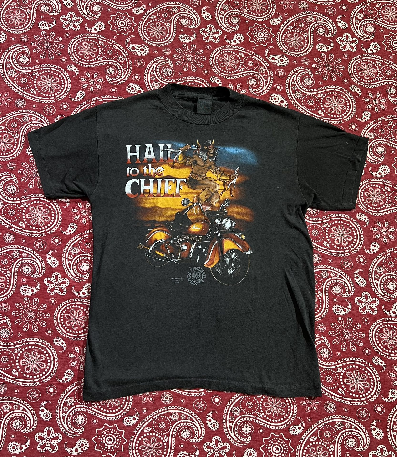 1990 “Hail to the Chief” Indian Motorcycle T-shirt • Fits S (Length: 25’’ / Width: 18’’) • $50 {No Flaws}