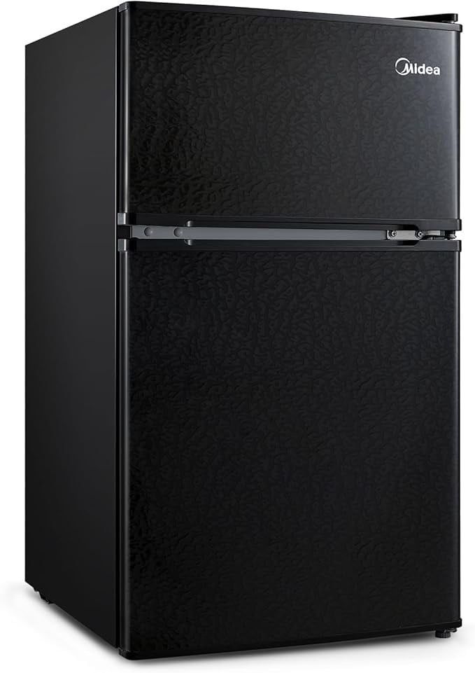 Midea WHD-125FBS1 Double Door Mini Fridge with Freezer for Bedroom Office or Dorm with Adjustable Remove Glass Shelves Compact Refrigerator, 3.1 cu ft