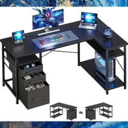 Black L-Shaped Desk With Shelves And Fabric Drawers. New, In Box 