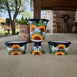 Talavera Sunflower And Alcatraz Urn And 2 Long Pots. Clay Pots. Planters. Plants, Pottery.