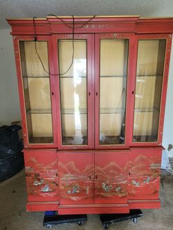 Red Hand Painted Asian Chinoiserie Display Hutch China Cabinet