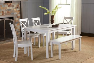 Simplicity Dove Rect. Dining Table w/ 4 X-Back Chairs, Bench