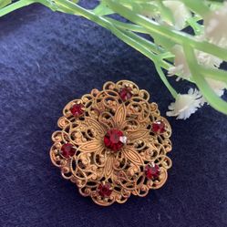 Vintage Filigree & Ruby Czech Glass Brooch