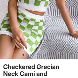 Checkered Grecian Neck Cami and Skirt Sweater Set