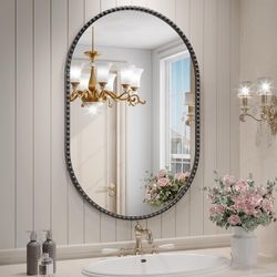 NEW 24" x 36" Black Floral Beaded Pill Shaped Oval Mirror - Vertical or Horizontal - $110 Retail