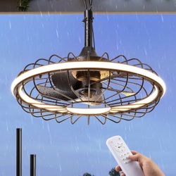 ON SPECIAL!! $45: 20" Outdoor Ceiling Fan with Light, ЗССТ Dimmable Waterproof Caged Fan Remote
