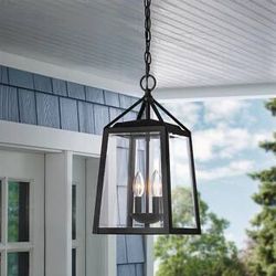 Blakeley Transitional 18 in. 2-Light Black Outdoor Hanging Light Pendant Light with Clear Beveled Glass