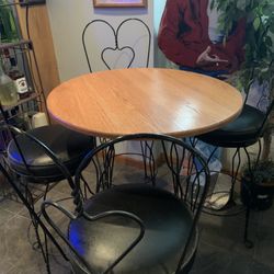 Vintage Wooden  Round Bar Table With 4 Metal Padded Chairs 