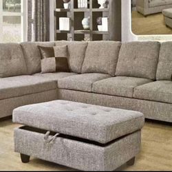 Grey Linen Sectional Couch And Ottoman