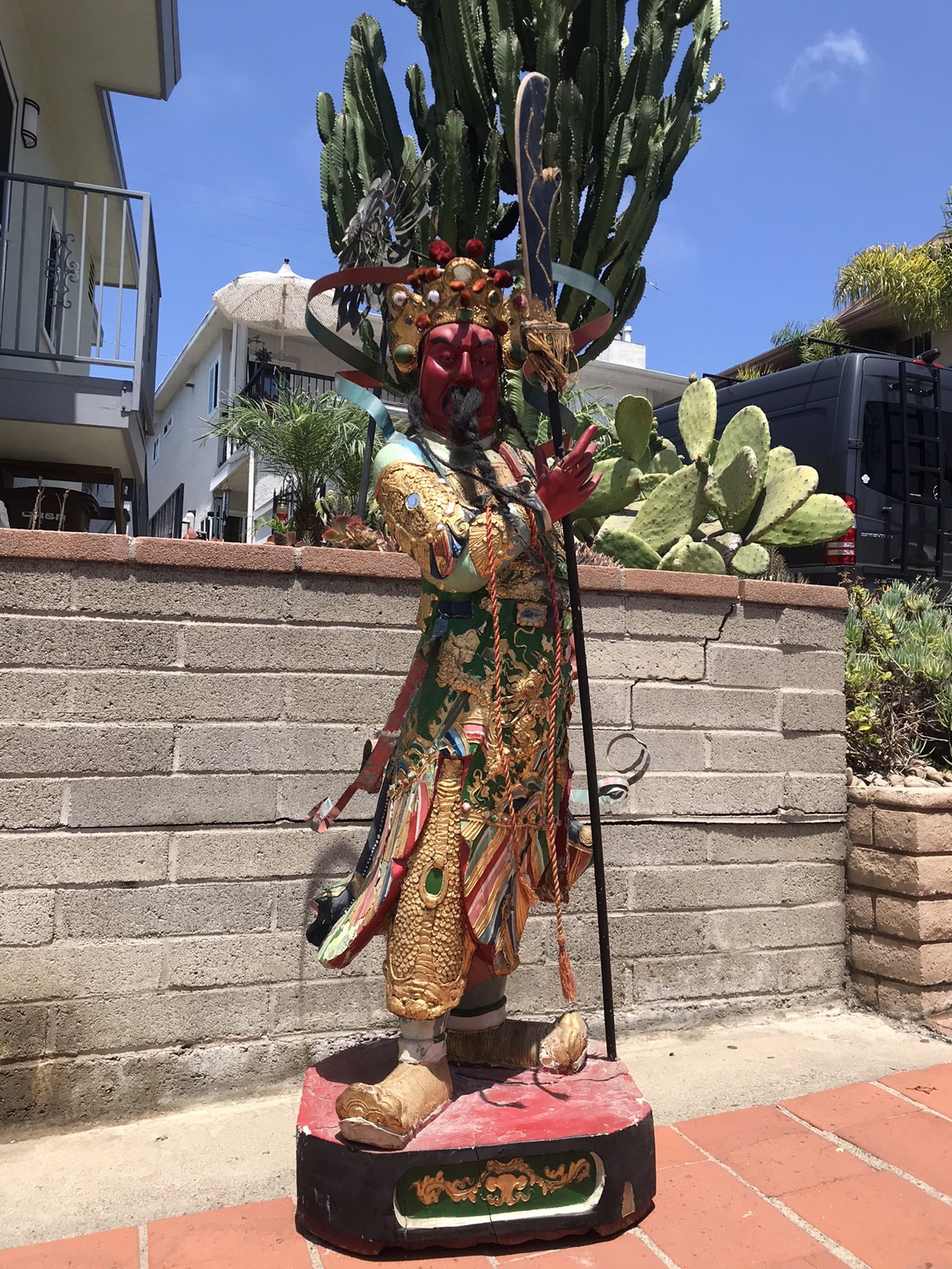 Antique Hand Made Chinese Military General Guan Yu Wood Statue Polychromed Martial Arts Rare Human Hair 5’ Tall