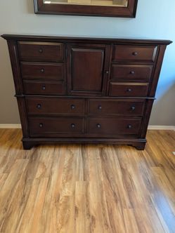 Large Dark Cherry Wood Dresser with Cabinet
