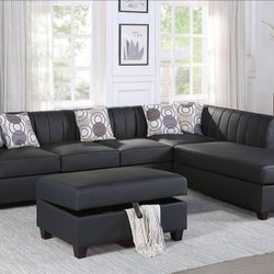 💥 BLACKFRIDAY DEAL 💥 Brand New Black Leather 3pc Sectional Sofa With Storage Ottoman
