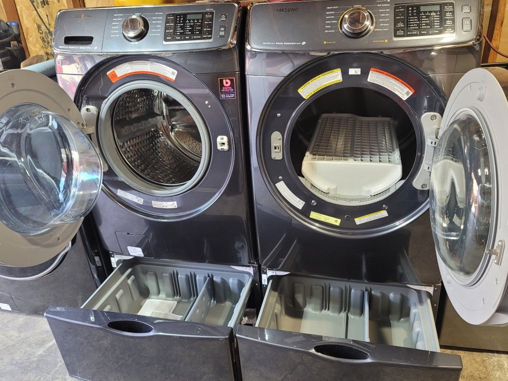 Samsung Front Loading Washer And Stackable Gas Dryer Set With Pedestals
