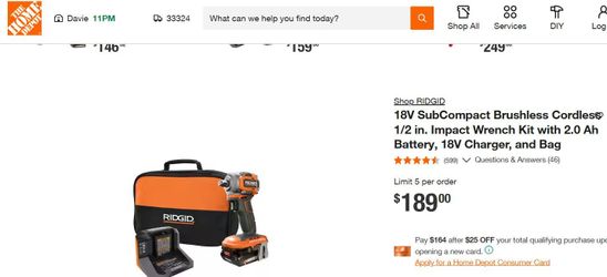 RIDGID 18V SubCompact Brushless Cordless 1/2'' Impact Wrench Kit with 2.0 Ah Battery Charge and Bag