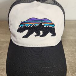 Patagonia Fitz Roy Bear Trucker Hat Black White Gray Cap Mesh Snap Back 