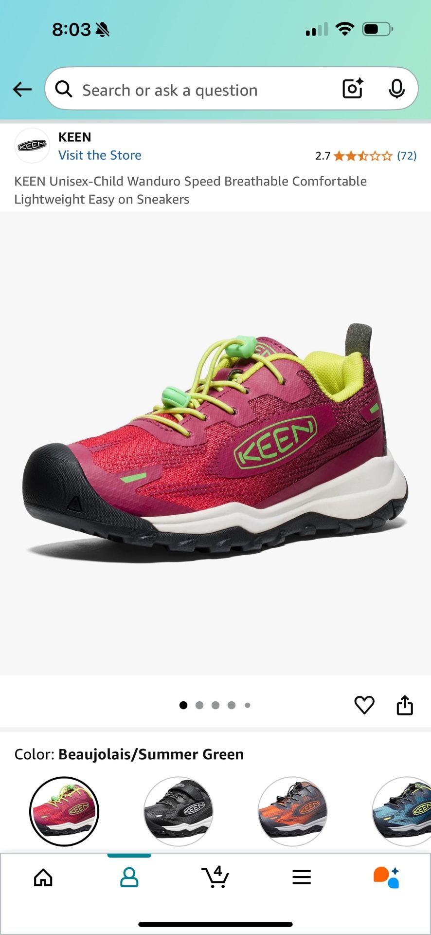 NEW! KEEN Unisex-Child Wanduro Speed Breathable Comfortable Lightweight Easy on Sneakers SIZE 5