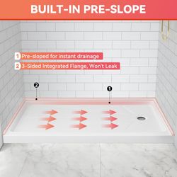Right Drain Shower Base 60x34 Inch by CKB | Alcove Single Threshold Shower Pan with Non-Slip Texture & Integrated Flange, White Reinforced Acrylic