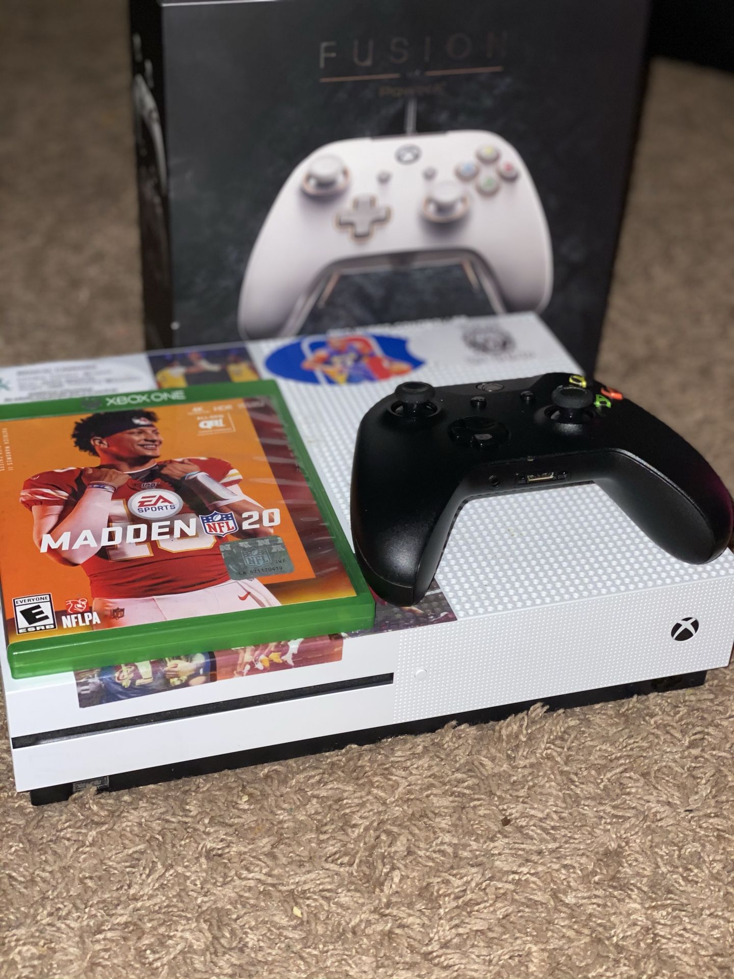 Xbox One S/ W 2 Controllers, a Fusion Wired Controller, And Madden 20