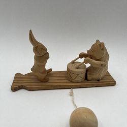 Hand Carved Wood Folk Art Toy With Animated Bear and Rabbit. Made In. Russia. Bear playing Drum and Rabbit Tapping It’s foot.