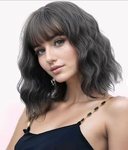 VCKOVCKO 12Inches Loose Wave Bob Wig Wavy Grey Bob Wig With Air Bang Curly Hair Wigs Synthetic Cosplay Party Wigs For Women (12Inches,Deep Grey)