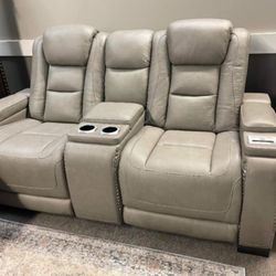 Manden Gray Real Leather Power Reclining 2 Piece Sofa and Loveseat Set /P