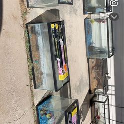 Fish Tank  With Sponge filter bubbler, Air Stones , Water, Testers. Water Heater ,Blue Rocks, Sea Decor.