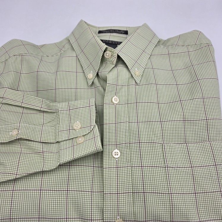 Harold Powell Mens Casual Long Sleeve Botton Up Green Plaid Dress Shirt Medium