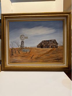 Original 1982 Hazel Douglas Willcox Oil Painting Barn Windmill