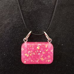 Neon pink faux opal rectangle pendant on 18" black necklace glow in the dark