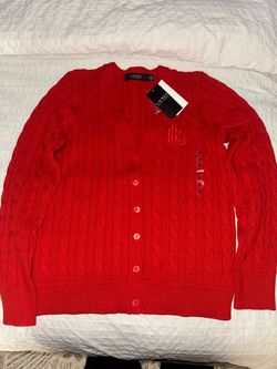 Lauren Ralph Lauren Bright-Red Cable-Knit Logo Button-Front V-Neck Cardigan Sweater M