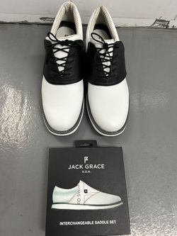Jack Grace Size 12 Innovator Leather Lace Up 1.0 spikeless golf shoes white black saddle with extra blue interchangeable saddle