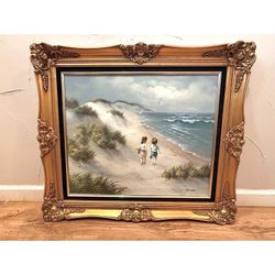 Oil Painting Boy Girl Walk on Beach by Ocean or Lake Gold Gilt Framed Signed