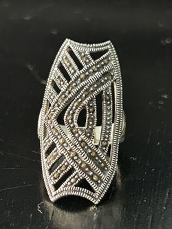 Vintage Ring Size 7 Silver 925 Marcasite Statement Art Deco Long Shield