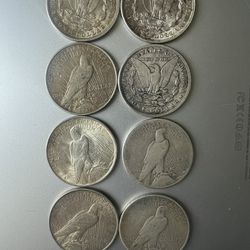 Lot Of 8 Silver Dolars  Coins ( 1839, 1921,1922,1923, and 1924)