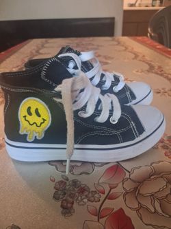 Black High-Top Canvas Sneakers with Smiley Patch