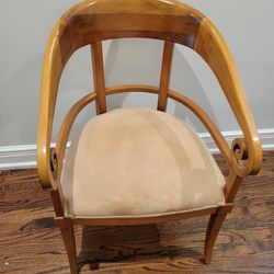 Kreiss Bent Wood Modernist Taupe Suede Covered Side Chair, Swirl Accents