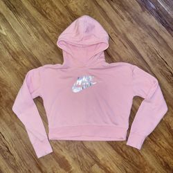 Nike Girls Size XL Blush Pink Cropped Hoodie Glitter Silver Swoosh Black Tag LOG