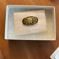 Vintage Toledo Spain 24K Gold Inlaid Damascene Floral Brooch Pin 