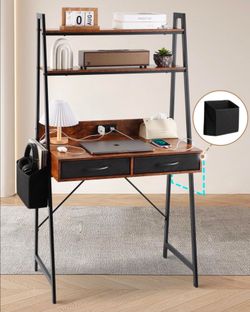 Home Office Study Desk - Freestanding Ladder Design with Fabric Drawers & Side Bag - Modern Vanity Makeup Desk - 2 Tier Shelf & Computer Gaming Statio