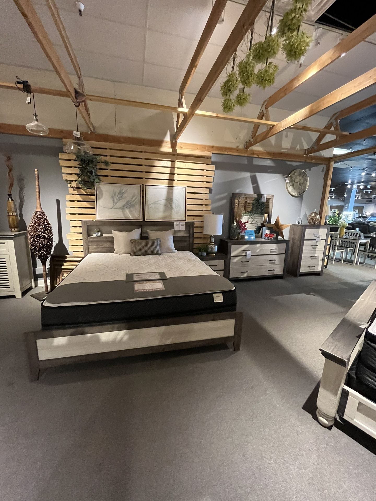 Tan/grey King Bed , Dresser, Mirror And One Nightstand