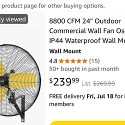 8800 CFM 24" Outdoor Commercial Wall Fan Oscillating, IP44 Waterproof Wall Mount Fan,