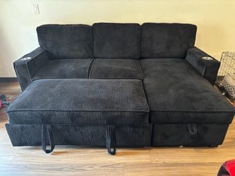 Black Corduroy Sectional Sofa with Pull-Out Bed