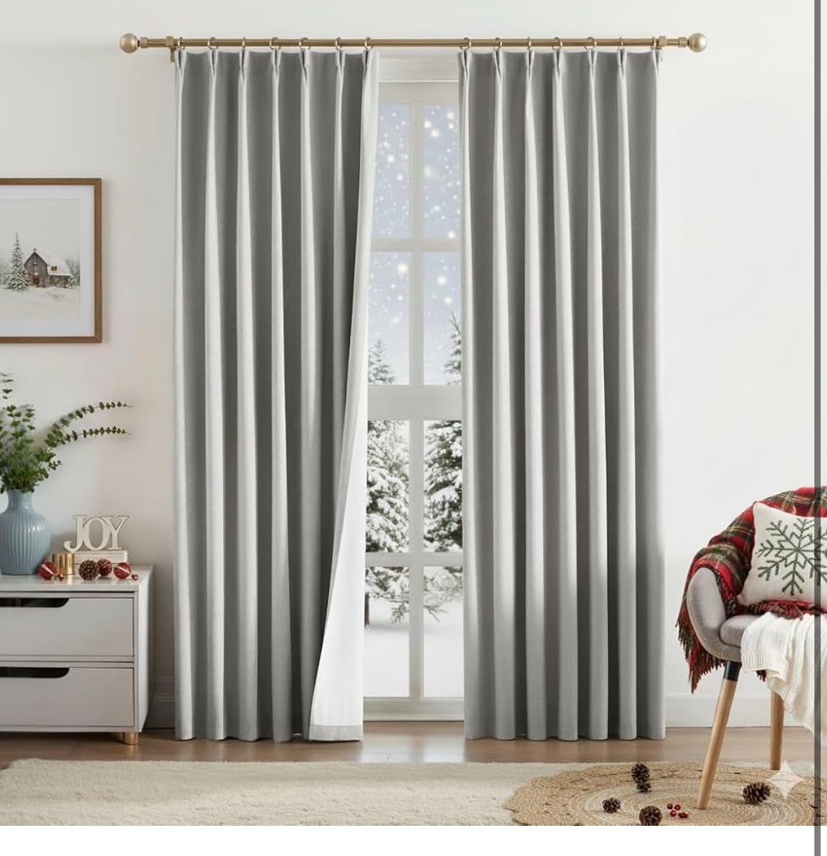 Pleat Curtain 108 Inch Long for Living Room Full Blackout Therml Insulated Linen-look Drape