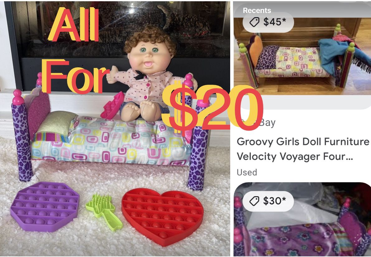 $20 Doll set Groovy Doll Bed & Cabbage Patch Doll curly hair Size 13” in great condition