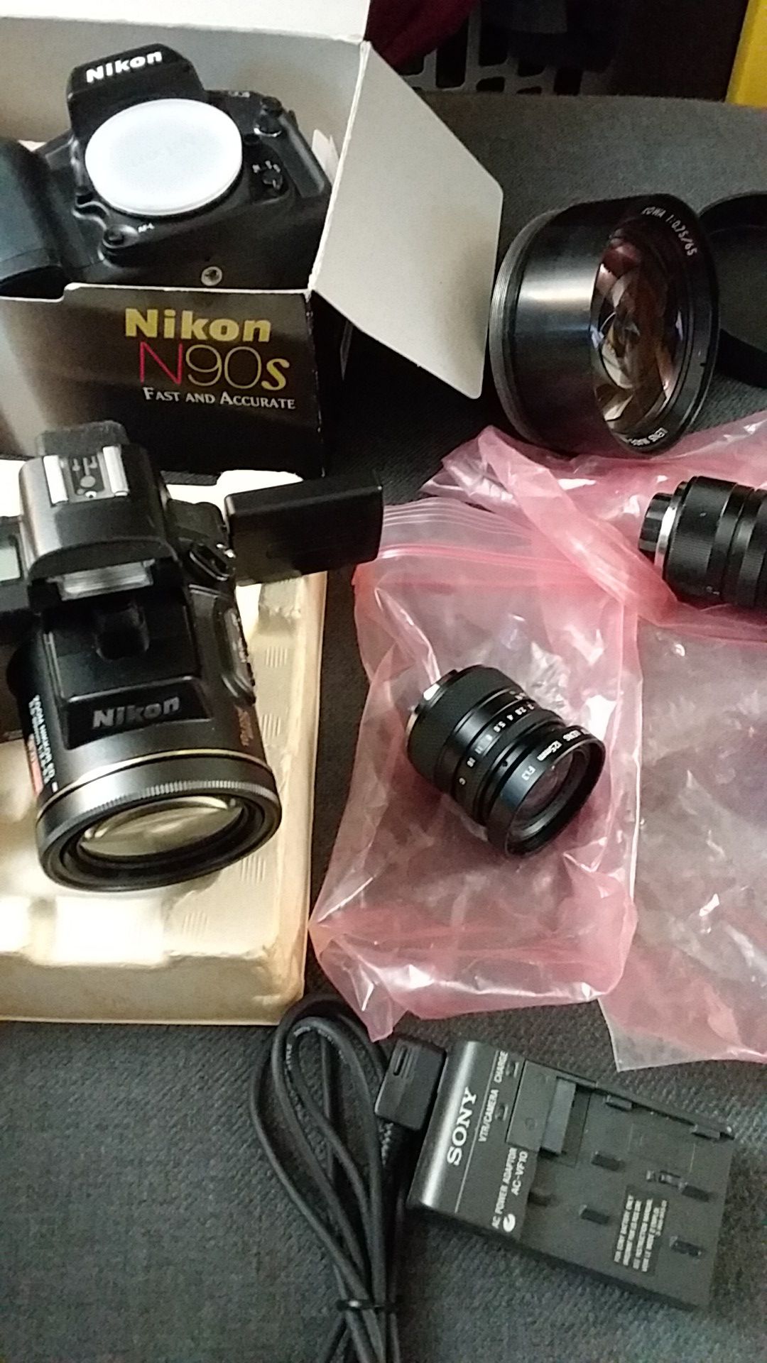 Professional photographer equipment and lenses digital and analog Nikon x4 lenses with charger! In boxes