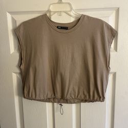 New Zara Beige Drawstring Crop Top