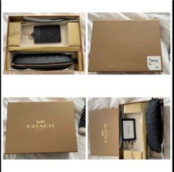 NEW Coach Black Signature Leather 3-Piece Gift Set – Wallet/Card Holder/Key Fob