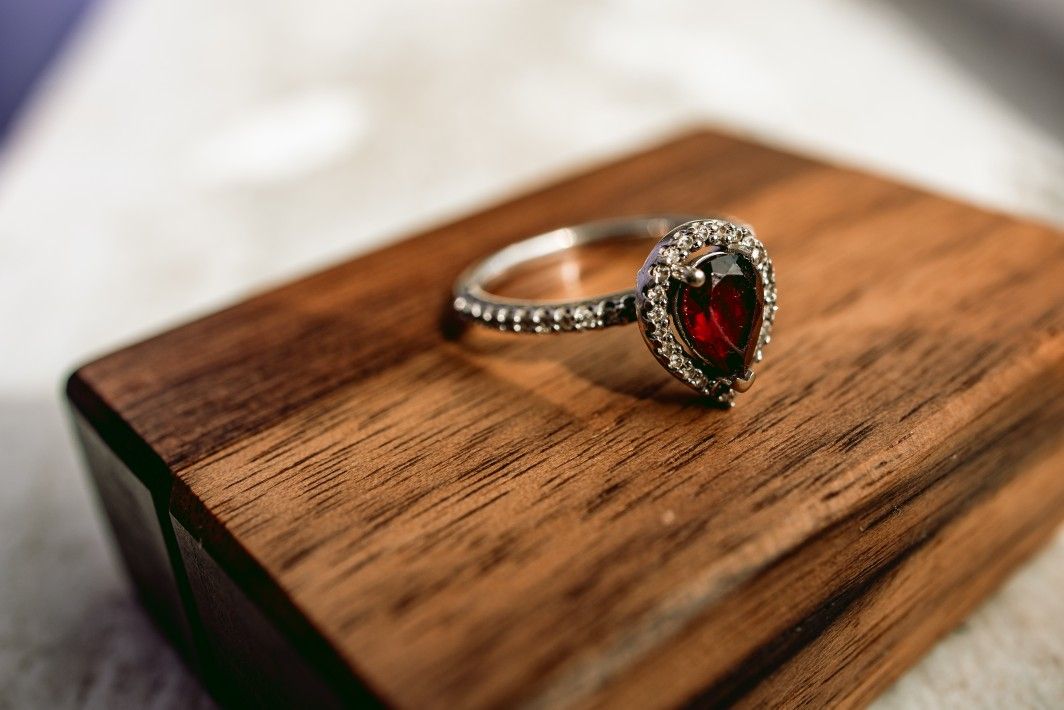 14k White Gold 1/3 CT Diamond And Garnet Engagement Ring