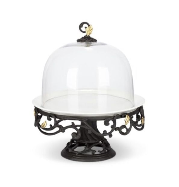 Metal Gold Leaf Cake Pedestal With White Stoneware Plate And Glass Dome