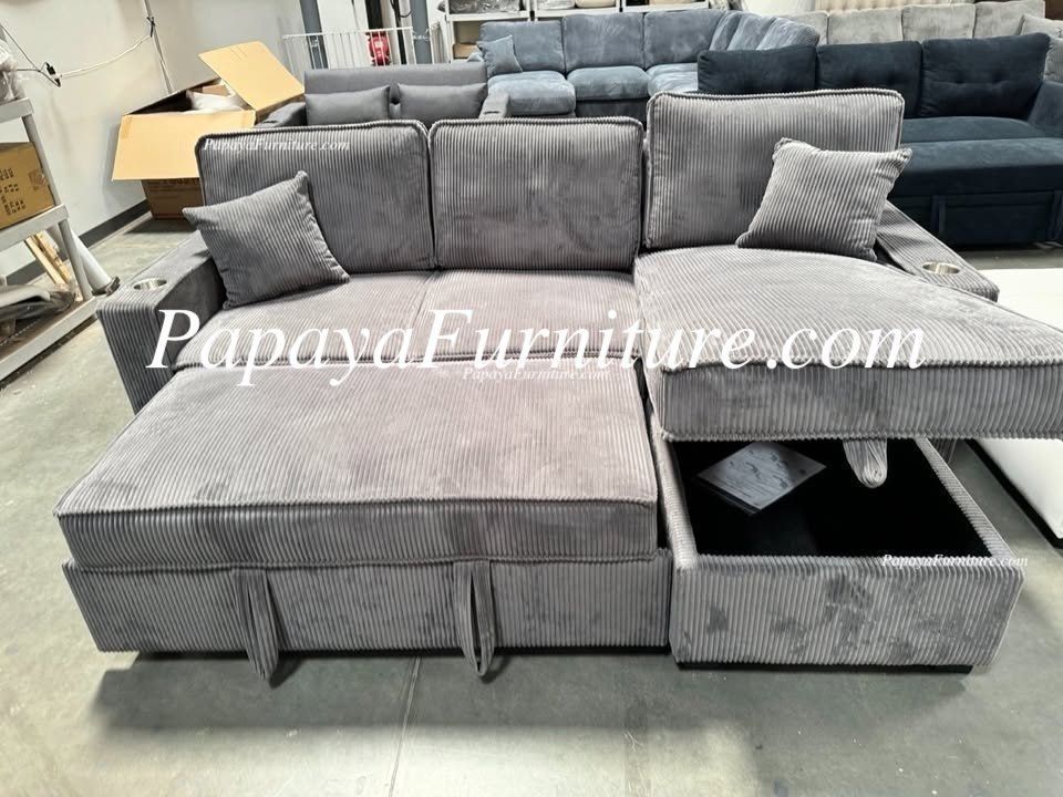 NEW L Shape Sectional Sofa with STORAGE CHAISE Set and Pullout Sleeper Bed Convertible Sofabed Futon Adjustable Dark Grey Gray Ivory Beige Black Brown